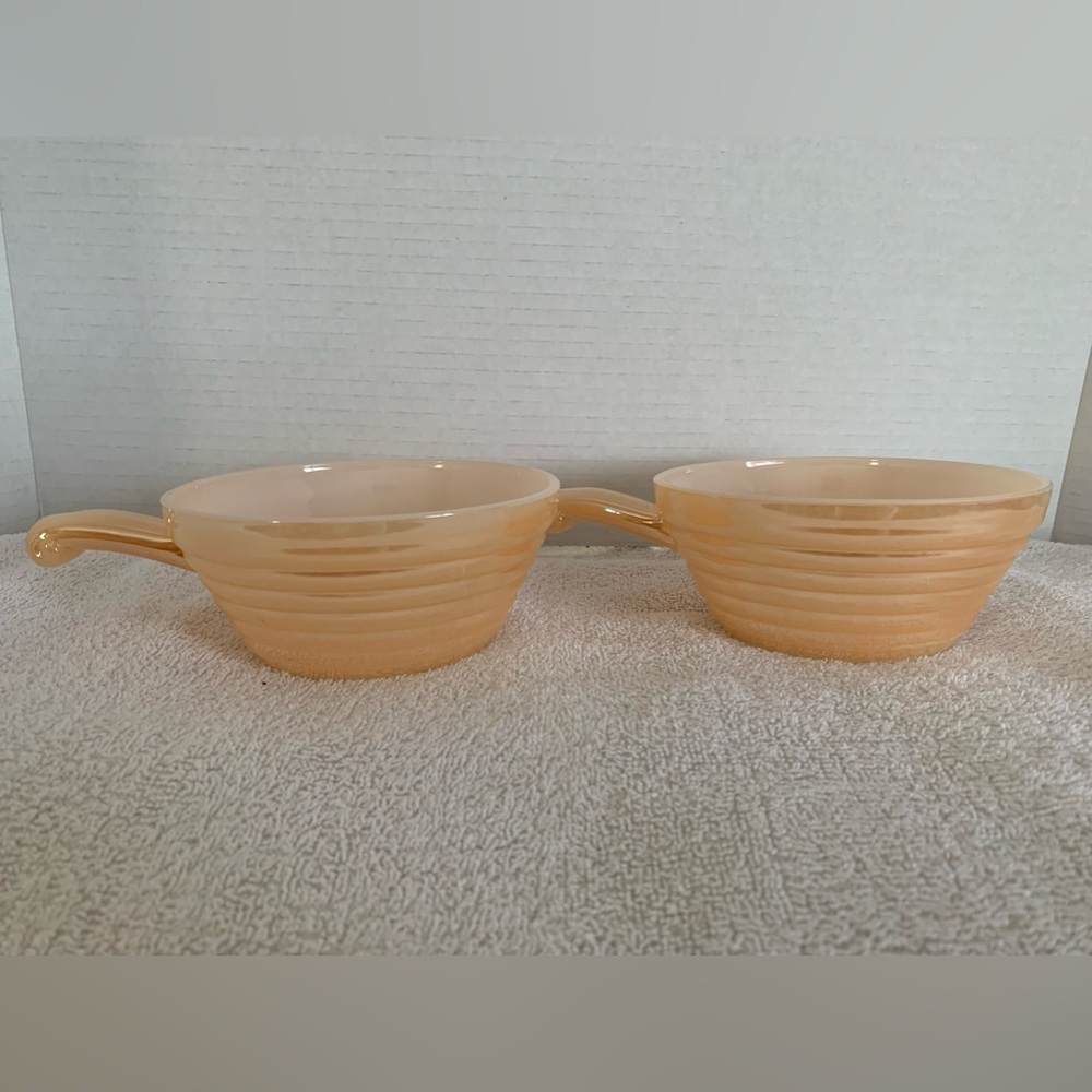 Set of 2 Fire King BeeHive Oven Ware Handle Soup Bowls | Peach Luster | Vintage